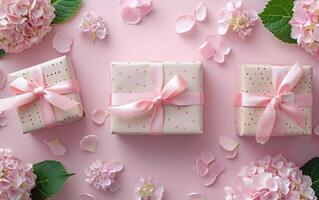 AI generated From above, beautifully presented gifts embellished with pink hydrangeas and gentle petals dispersed nearby photo