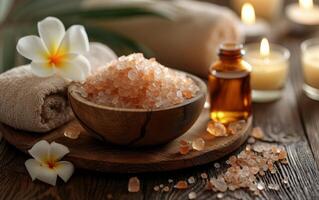AI generated A restful spa environment showcasing Himalayan salt, essential oils, frangipani blooms, and tranquil candles photo