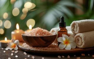 AI generated A peaceful spa setting adorned with Himalayan salt, fragrant essential oils, frangipani flowers, and glowing candles photo