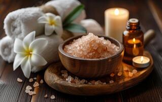 AI generated A harmonious spa tableau with pink Himalayan salt, pure essential oils, frangipani flowers, and serene candles photo