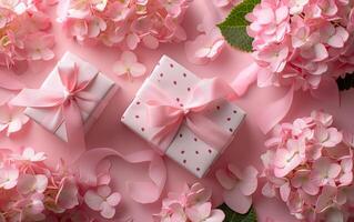 AI generated A view of exquisitely wrapped presents, adorned with pink hydrangeas and surrounded by light petals photo