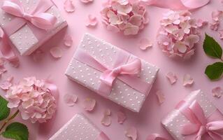 AI generated A view of exquisitely wrapped presents, adorned with pink hydrangeas and surrounded by light petals photo