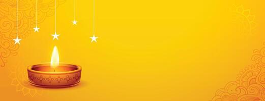 diwali festival amarillo bandera con petróleo lámpara y texto espacio vector