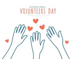 international volunteers day hands up background with love heart vector