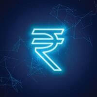 rupee symbol in blue neon glowing light effect vector