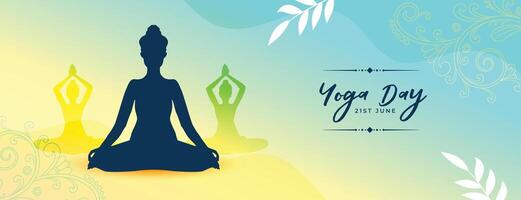 beautiful 21st june yoga day banner with meditation posture silhouette vector