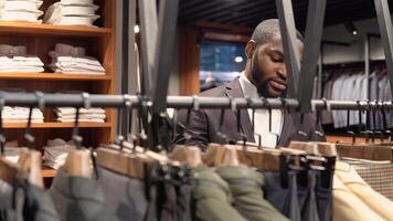 Young confident man in luxury menswear boutique choosing new suit. Men's clothing store video