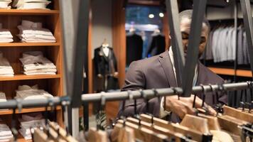 Bearded confident african american man in luxury menswear boutique choosing new suit. Men's clothing store video