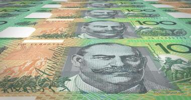 Banknotes of one hundred australian dollars rolling on screen, cash money, loop video