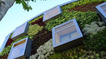 panorámico de fachada de moderno edificio con ventanas y vegetación paredes video