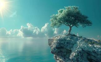 AI generated tree isolated on the cliff by light photo