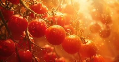 AI generated tomatoes on a vine with sunlight streaming in photo