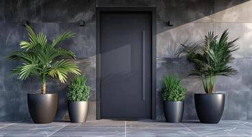 AI generated modern door of a modern house with potted plants photo