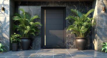 AI generated modern door of a modern house with potted plants photo