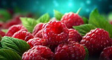AI generated raspberries with leaves and green leaves in the background photo