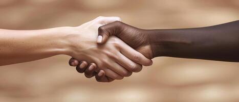 AI generated two black and white people are doing handshaking with hands behind photo