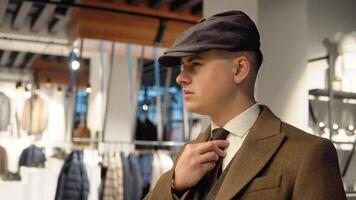 Young confident man in luxury menswear boutique trying on new suit. Men's clothing store video