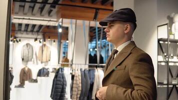 Young confident man in luxury menswear boutique trying on new suit. Men's clothing store video