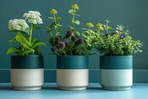 AI generated lilly pilly plant pots on a blue wall photo