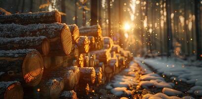 AI generated logs stacked with the sun shinning behind them in the forest photo