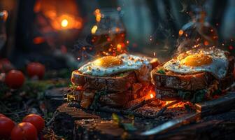 AI generated on an open fire with toast and eggs photo