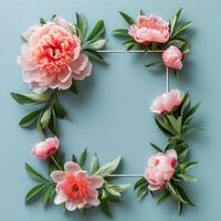 AI generated cute natural frame with peony flower and place for text photo