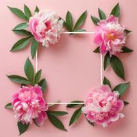 AI generated cute natural frame with peony flower and place for text photo