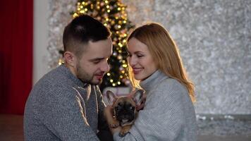 un Pareja en amor con su perro en el vivo habitación decorado para Navidad video