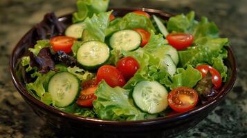 ai generado ensalada con lechuga romana lechuga, Cereza Tomates, pepinos, y un limón vendaje foto