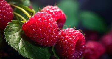 AI generated photo of fresh raspberries with leaves