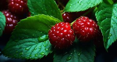 AI generated raspberries with leaves and green leaves in the background photo