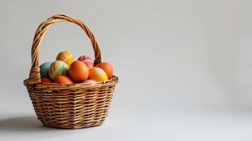 AI generated A clean, white background adorned with a single, intricately designed Easter basket filled with eggs photo