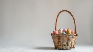 AI generated A clean, white background with a single Easter basket in the center, filled with eggs photo