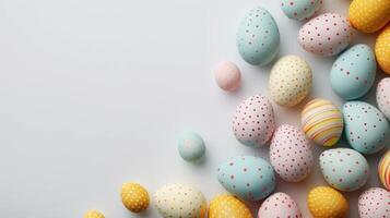 AI generated A clean, white background with a delicate pattern of small, colorful Easter eggs photo