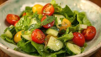 AI generated salad with romaine lettuce, cherry tomatoes, cucumbers, and a lemon dressing photo