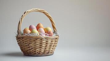 AI generated A clean, white background with a single Easter basket in the center, filled with eggs photo