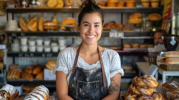 ai generado un hembra panadero y emprendedor, el propietario de un puesta en marcha pequeño negocio, es en la foto a el mostrador de su panadería