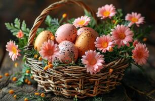 AI generated Basket Filled With Gold Eggs on Table photo