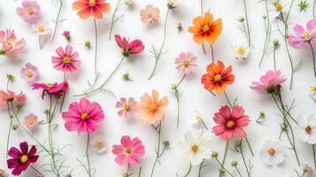 ai generado un limpio, blanco antecedentes con un delicado modelo de pequeño, vistoso flores foto