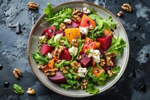 ai generado un vistoso ensalada presentando asado remolachas, cabra queso, nueces, y un balsámico vidriar foto