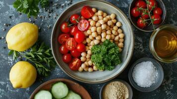 AI generated light and flavorful salad with chickpeas, cucumber, tomatoes, parsley, and a lemon dressing photo