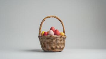 AI generated A clean, white background with a single Easter basket in the center, filled with eggs photo