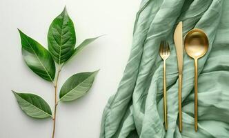 ai generado mesa con oro vajilla y verde servilleta con hoja aislado en blanco foto