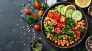 AI generated light and flavorful salad with chickpeas, cucumber, tomatoes, parsley, and a lemon dressing photo