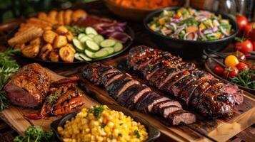 AI generated A colorful barbecue spread with an assortment of grilled meats, vegetables, and side dishes photo