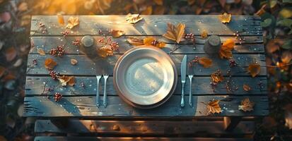 ai generado acción de gracias cena, mesa con vajilla, cuchillo y tenedor foto