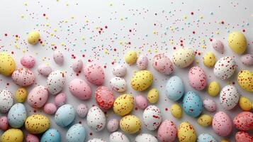 AI generated A clean, white background with a delicate pattern of small, colorful Easter eggs photo
