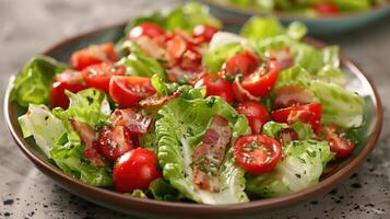 ai generado un ligero y crujiente ensalada con iceberg lechuga, Cereza Tomates, tocino, y un cremoso rancho vendaje foto