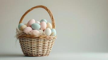 AI generated A clean, white background adorned with a single, intricately designed Easter basket filled with eggs photo