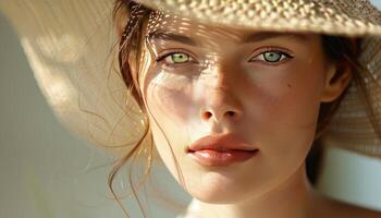 AI generated woman is wearing a straw hat and face moisturizer photo